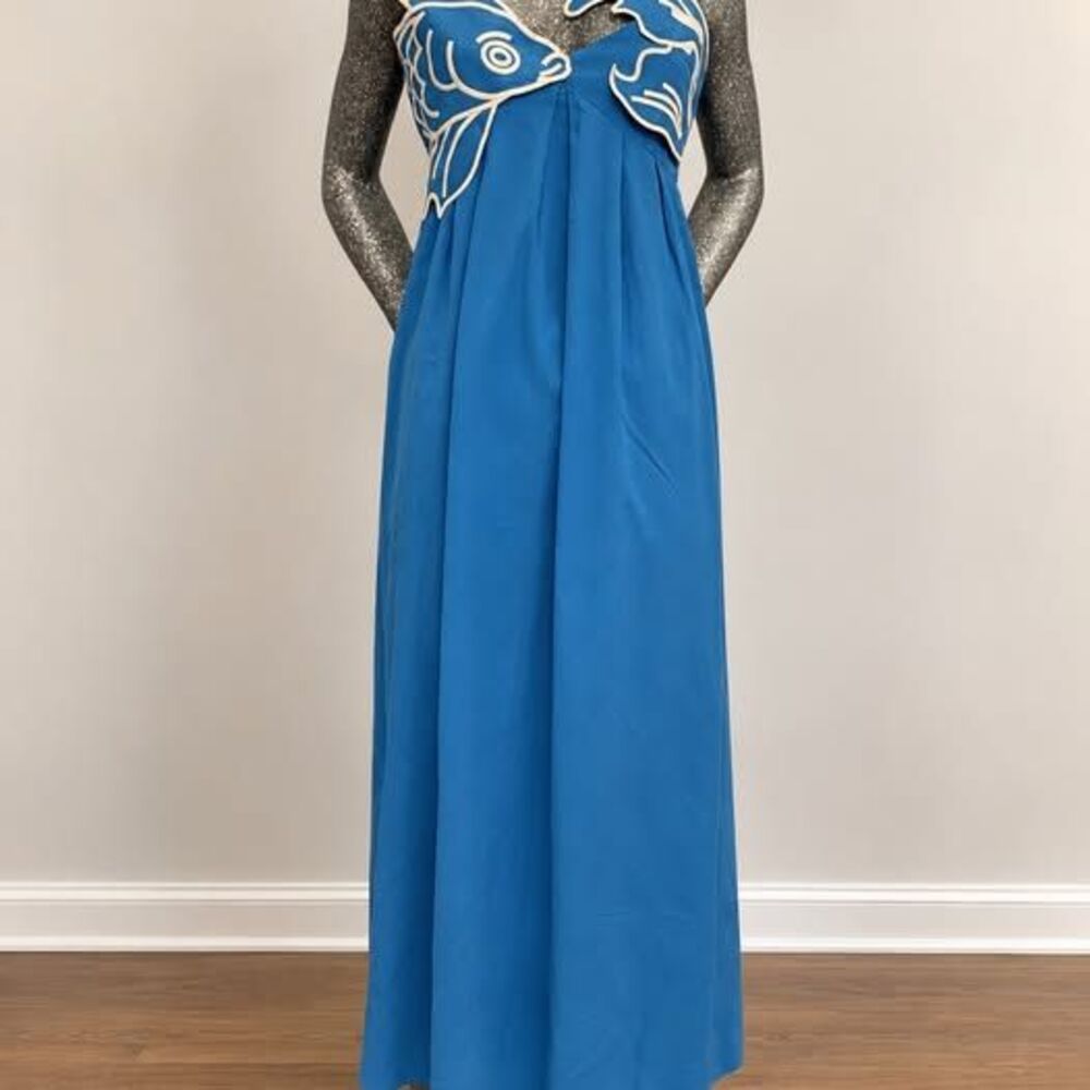 COMMENSE Blue Fish Appliqué Maxi Dress Size M